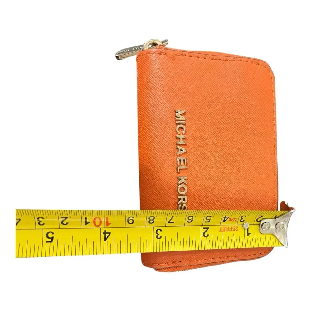 Michael Kors Pebble Leather Zip Card Holder Orange Gold Accents Preppy Summer